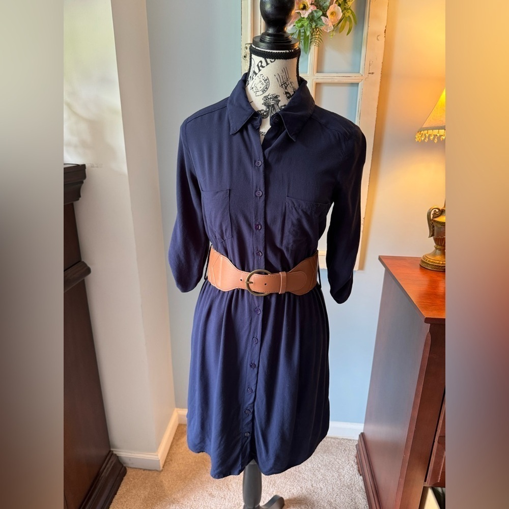 Ladies A. Byer Navy Belted Shirt Dress Size Small